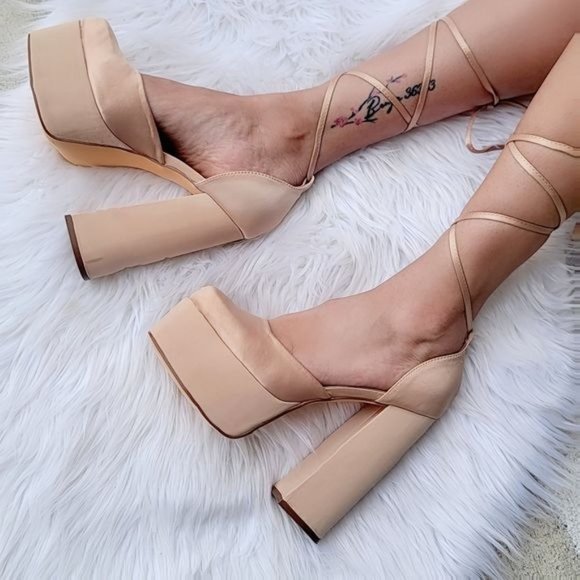 Womens Lace Up High Heels Platform Sandals Champagne Color - Picture 1 of 5